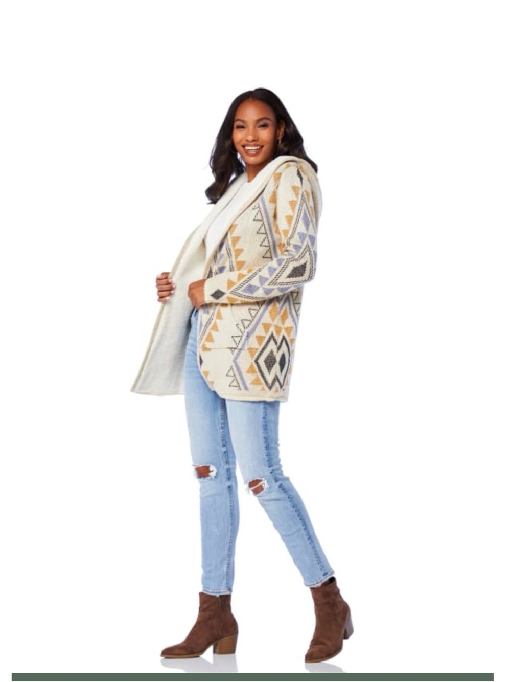 Woven Heart Cream Hooded Cardigan with Mustard, Gray and Lt Blue Geometric Print